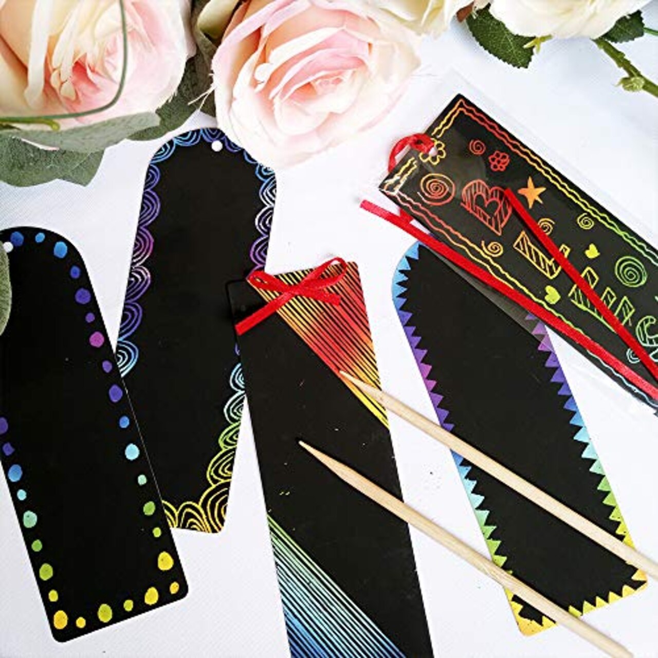 36 Pieces 2 Style Magic Scratch Rainbow Bookmarks Making Kit for Kids Students Party Favor Scratch Paper DIY Bookmarks Bulk with Scratching Tools Satin Ribbons for Classroom Activities
